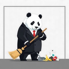 A cartoon panda, wearing a suit and tie, sweeps up trash with a broom and dustpan. The panda has a neutral expression