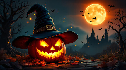 Autumn halloween night a pumpkin with a hat