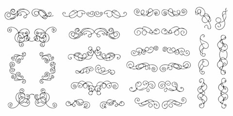 Collection of elegant black and white hand drawn ornamental swirls and decorative flourish elements