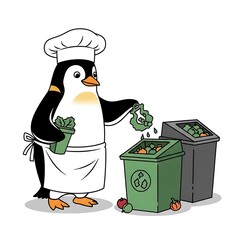 A cartoon penguin chef in a white apron and hat sorts food scraps into compost bins