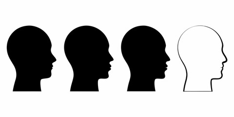 Four human head profiles in silhouette with one outline head showing individuality and difference
