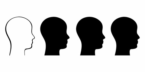 Four human head profiles in silhouette one outlined in white and three solid black