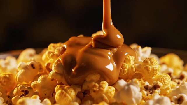 delicious caramel glaze pouring over sweet popcorn