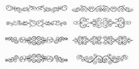 Collection of elegant black and white ornamental dividers and borders with swirling decorative elements