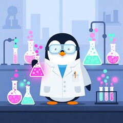 A cartoon penguin in a lab coat and goggles stands in a laboratory filled with glowing flasks and test tubes