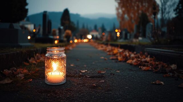 Lit Memorial Candle in Glass Jar on Cemetery Path with Autumn Leaves at Dusk