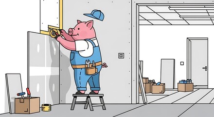 A cartoon pig wearing overalls and a cap constructs a wall, with tools nearby and a doorway in the background