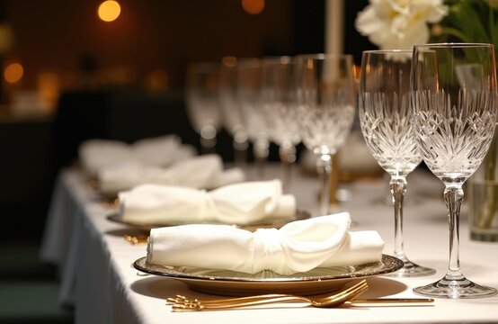 Elegantly set dining table with crystal glassware, white napkins at gala dinner. Long table with white tablecloth set with gold cutlery, crystal glasses, folded white napkins. Soft lighting creates
