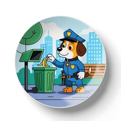 A cartoon police dog in uniform, disposing of banana peels in a green trash can, urban setting