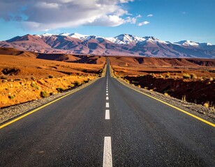 Asphalt road stretches endlessly towards snow-capped mountains under a clear blue sky, showcasing a vast, arid landscape