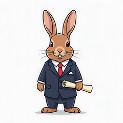 A cartoon rabbit, brown with tan ears, wears a blue suit, red tie, and holds a rolled-up parchment. It stands on white