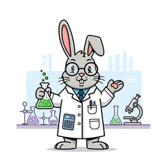 A cartoon rabbit, dressed as a scientist, holds a beaker with green liquid. He's standing in a lab setting with equipment