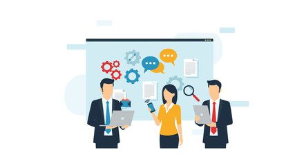 Dynamic business team collaborating effectively with laptops and mobile devices, symbolizing teamwork and efficient workflow in modern office