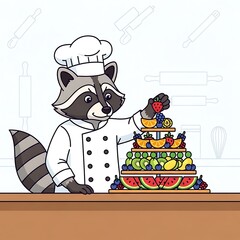 A cartoon raccoon chef adorns a tiered cake with fresh fruit, set against a simple kitchen background with baking tools