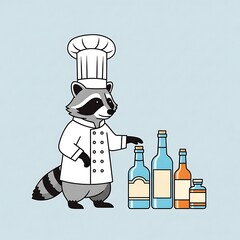 A cartoon raccoon, dressed as a chef, stands beside a collection of various-sized glass bottles, all on a pale blue backdrop