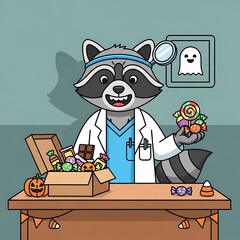 A cartoon raccoon, dressed as a dentist, holds candy while a box overflows with treats for Halloween. A ghost picture hangs