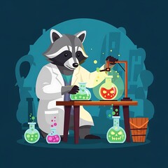 A cartoon raccoon in a lab coat, conducting science experiments with colorful beakers and an eerie backdrop