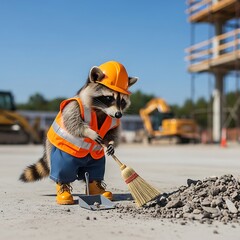 A cartoon raccoon, dressed in construction attire, sweeps debris with a broom on a building site. Blue sky overhead