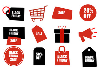 Black friday set of red sale and discount price tags for shop and business design