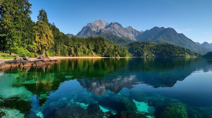 Clear mountain lake at sunrise, calm water mirrors sharp peaks and pine forest with rich blue and green color