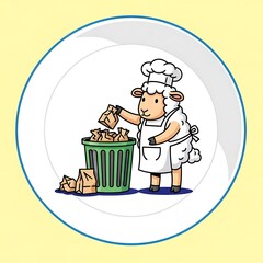 A cartoon sheep wearing a chef's hat and apron, placing paper bags into a trash can. The scene is set inside a white and blue bordered plate