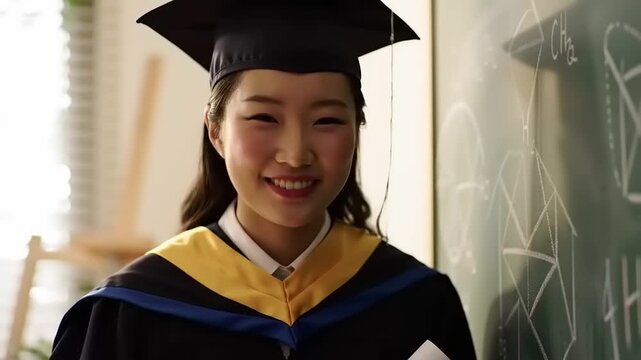 Smiling graduate in cap and gown.