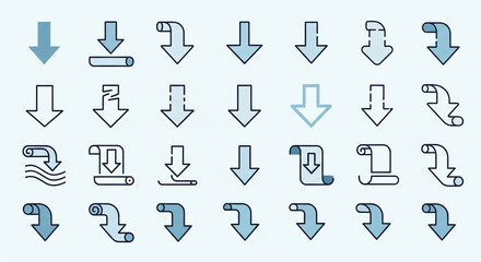 Discover a versatile collection of modern download and direction arrow icons in various styles perfect for digital interfaces, presentations, and user experience design.