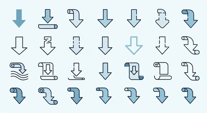 Discover a versatile collection of modern download and direction arrow icons in various styles perfect for digital interfaces, presentations, and user experience design.