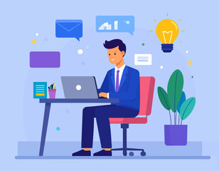 Fototapeta premium A flat vector illustration of a male professional multitasking at an office desk, surrounded by icons representing workflow and creativity