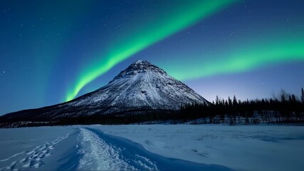Majestic Aurora Borealis Over Snowy Mountain Landscape in Winter. - Powered by Adobe