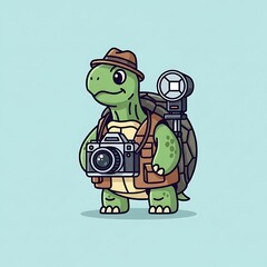 A cartoon tortoise dressed in explorer's gear, holding a camera, with a flash mounted to its shell