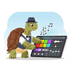 A cartoon tortoise in a waistcoat and hat, manipulates a digital audio workstation, creating music