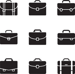 Nine Black Silhouette Icons of Briefcases and Attache Cases luggage business