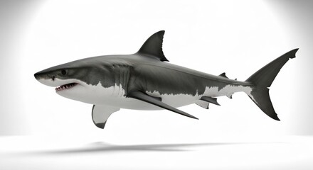 Fototapeta premium Sharp-toothed great white shark swimming left against a bright white backdrop