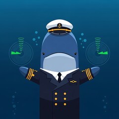 A cartoon whale, styled as a captain, wears a navy uniform and a cap. It has radar screens floating around its body