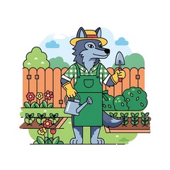 A cartoon wolf in gardening attire holds tools. He stands in a colorful garden with a fence, flowers, and vegetables