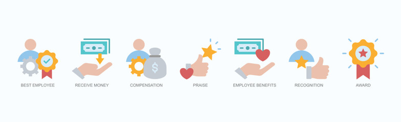 Employee Rewards Icon Set Isolated Vector With Icon Of Best Employee, Receive Money, Compensation, Praise, Employee Benefits, Recognition, Award In Flat Style