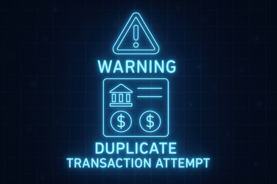 Warning duplicate transaction attempt alert safeguards security with fraud prevention in vibrant neon glow