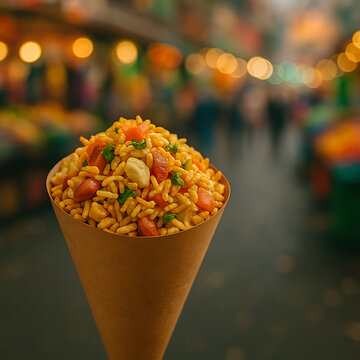 Bhel puri in paper cone, blurred market background, street food poster style,