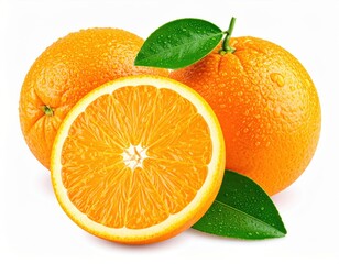 Fototapeta premium Close-up of fresh oranges with water droplets and green leaves, showcasing vibrant color and juicy texture.