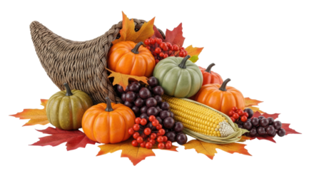 Thanksgiving cornucopia of autumn harvest transparent background cutout png