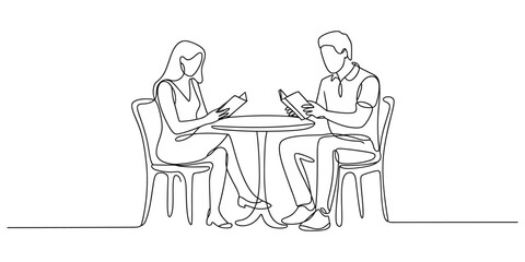 Elegant continuous line drawing of a couple reading at a table vector