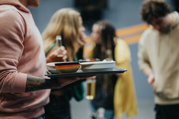A group of friends sharing moments together, enjoying drinks and casual snacks in a relaxed atmosphere. A person offers a tray of colorful bowls filled with food.