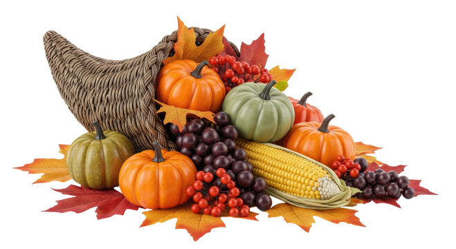 Thanksgiving cornucopia of autumn harvest transparent background cutout png