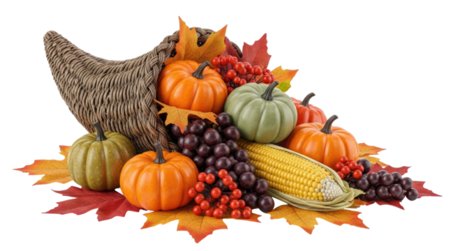 Thanksgiving cornucopia of autumn harvest transparent background cutout png - Powered by Adobe