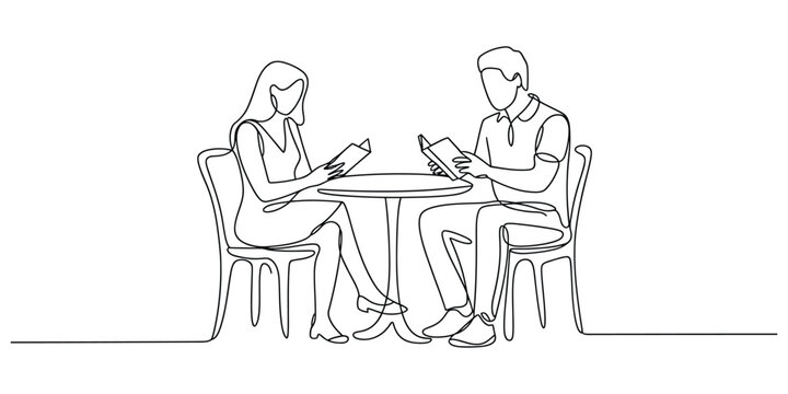 Elegant continuous line drawing of a couple reading at a table vector