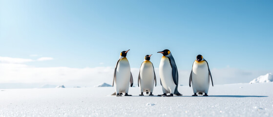 Fototapeta premium Four emperor penguins stand snowy landscape clear blue sky, showcasing their distinctive black and white feathers and vibrant orange markings