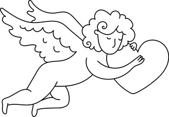 Flying Cupid Holding Heart Outline