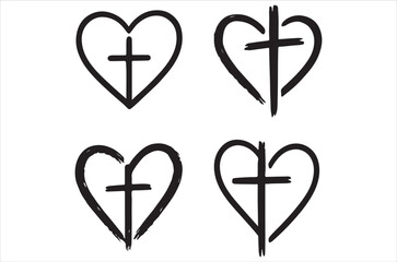 Four black and white illustrations of hearts with crosses inside them