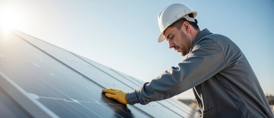 Technician inspects solar panels on bright day, showcasing dedication to renewable energy